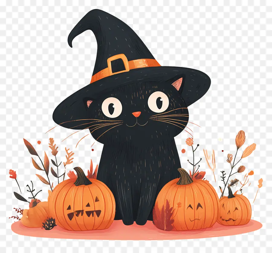 Gato Negro De Halloween，Gato Negro Con Calabazas PNG