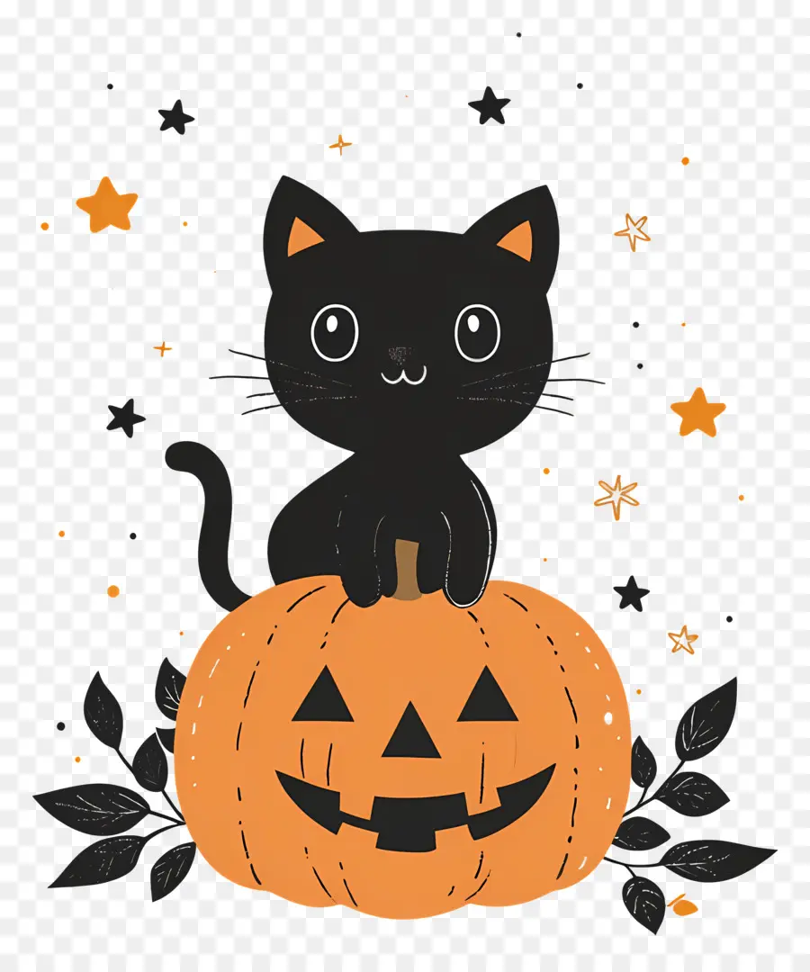 Gato Negro De Halloween，Gato Negro Sobre Calabaza PNG