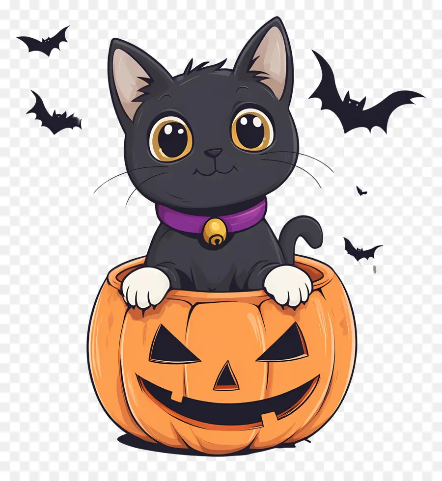 Gato Negro De Halloween，Gato En Calabaza PNG