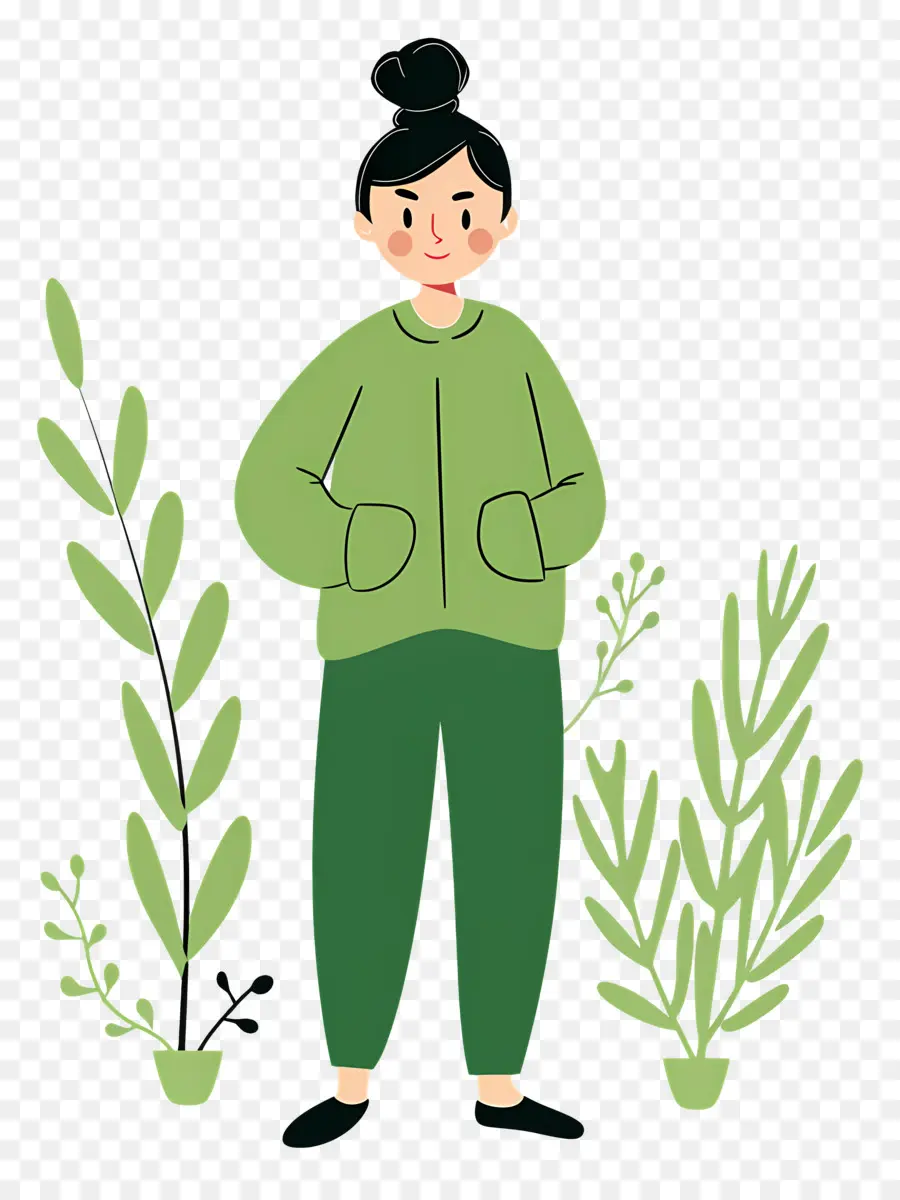 Mujer En Verde，Mujer Con Plantas PNG