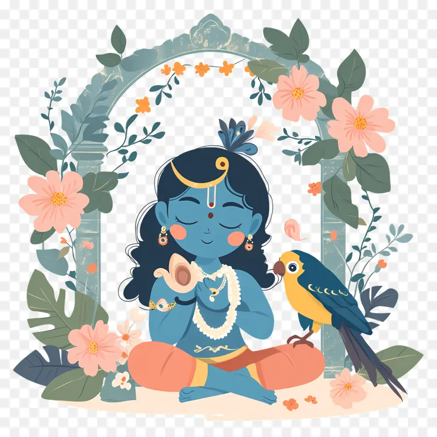 Krishna Janmashtami，Deidad Azul Con Loro PNG