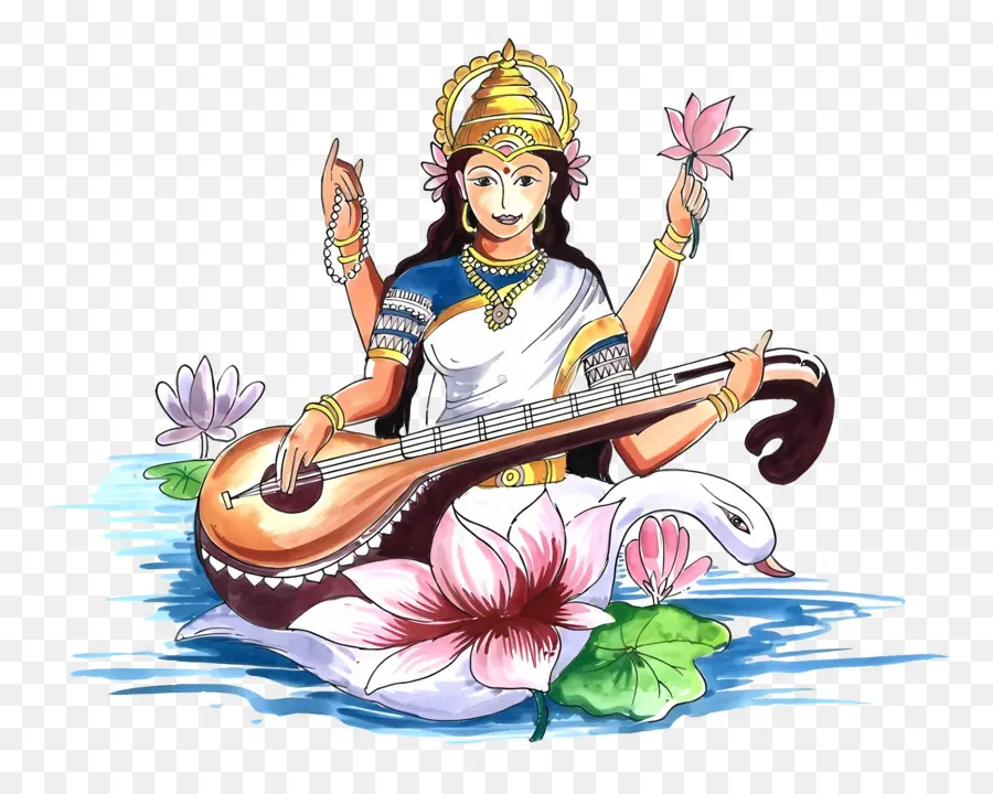 Saraswati，Diosa Con Veena PNG