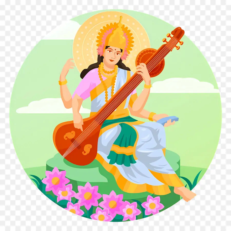 Saraswati，Diosa Jugando A Veena PNG