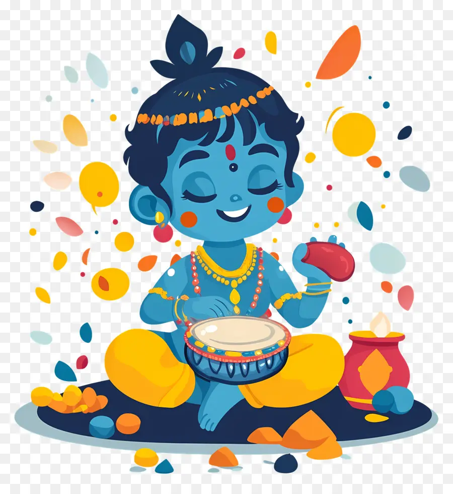 Krishna Janmashtami，Niño Azul Tocando El Tambor PNG