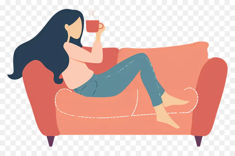 Tomando Cafe，Mujer Descansando En El Sofá PNG