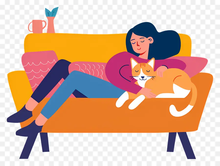 Relajándose En El Sofá，Mujer Con Gato PNG