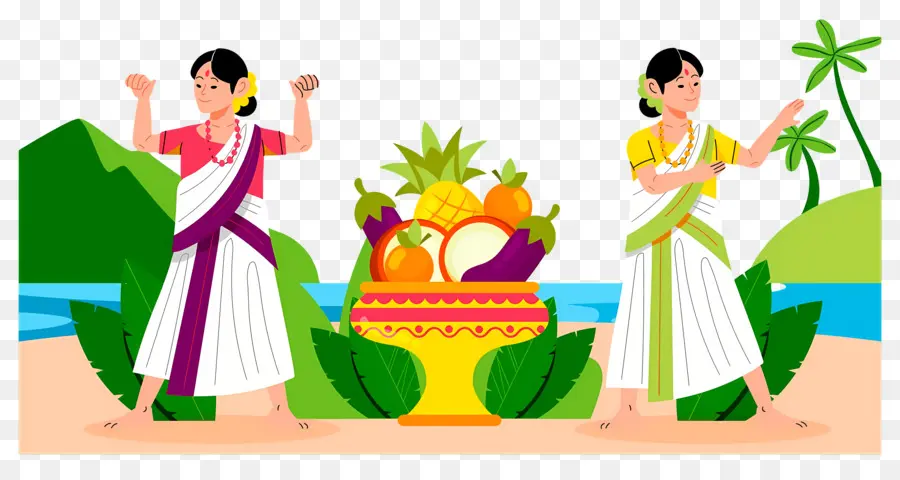 Feliz Onam，Danza Tradicional Y Frutas PNG