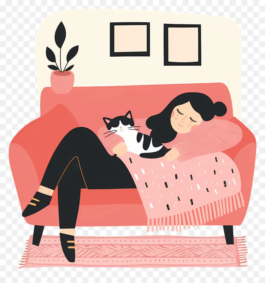 Relajándose En El Sofá，Mujer Con Gato PNG