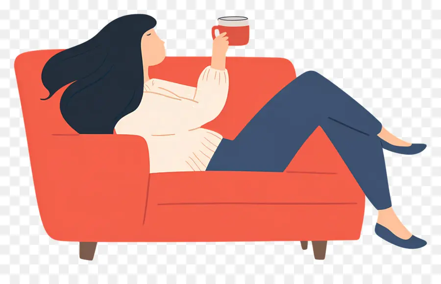 Tomando Cafe，Mujer Descansando En El Sofá PNG