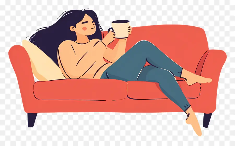 Tomando Cafe，Mujer Descansando En El Sofá PNG