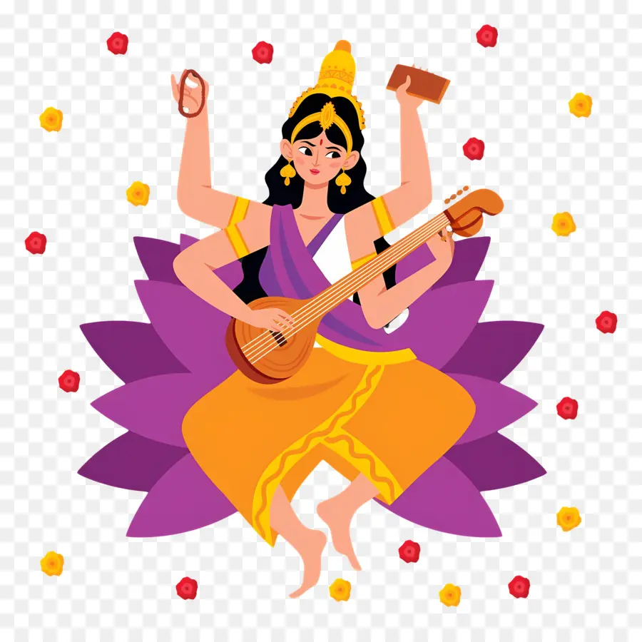 Saraswati，Diosa Con Instrumentos PNG