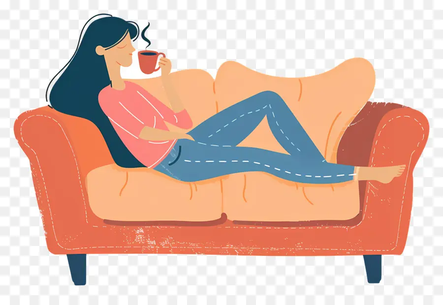 Tomando Cafe，Mujer Descansando En El Sofá PNG