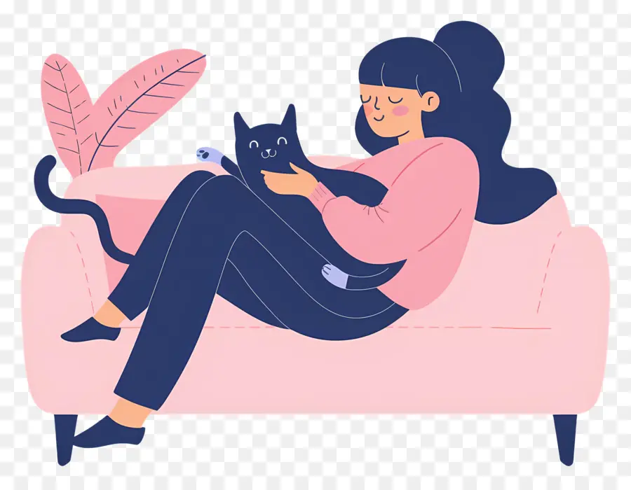 Relajándose En El Sofá，Mujer Con Gato PNG