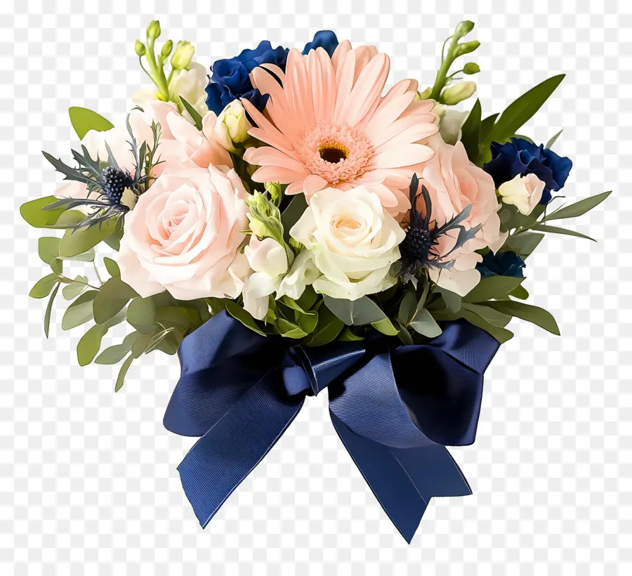 Flores De Cumpleaños，Ramo De Flores Con Cinta Azul PNG