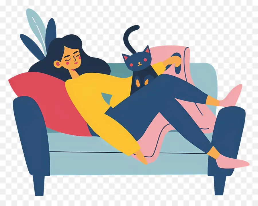 Relajándose En El Sofá，Mujer Con Gato PNG