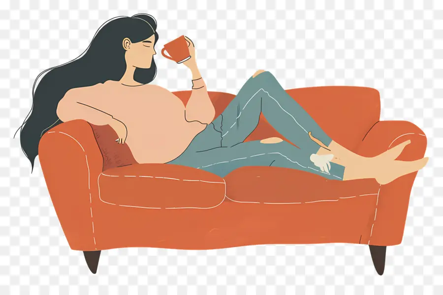 Tomando Cafe，Mujer Descansando En El Sofá PNG