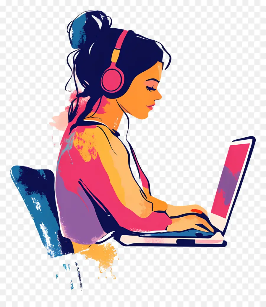 Chica Con Computadora，Mujer Con Auriculares PNG