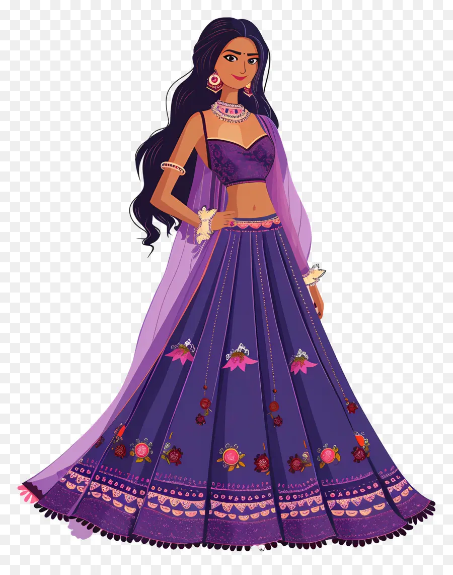 Dibujos Animados De Mujer India，Vestido Tradicional Morado PNG