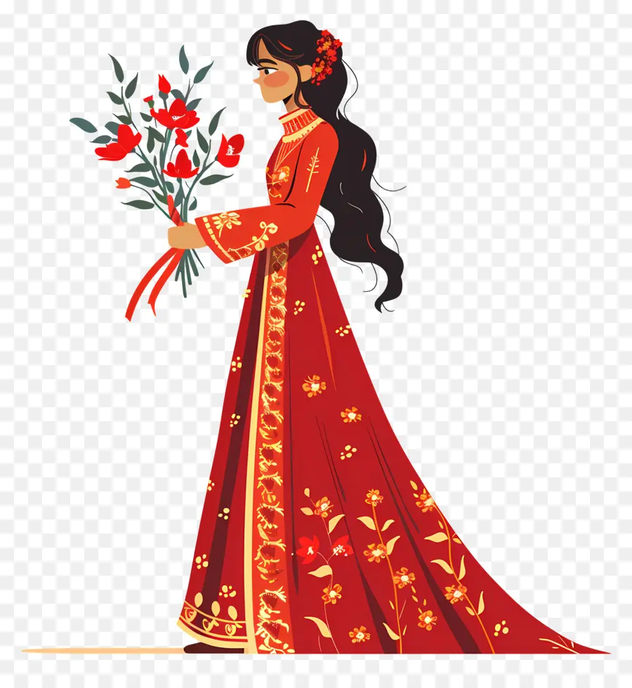 Novia De Dibujos Animados，Mujer En Vestido Rojo PNG