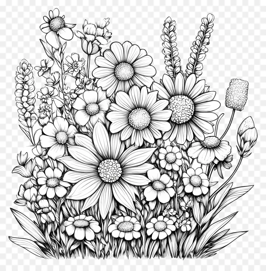 Pagina Para Colorear，Flores En Blanco Y Negro PNG