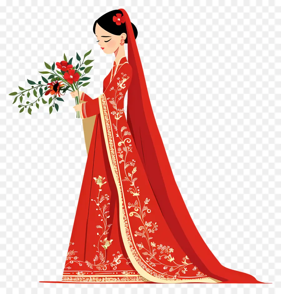 Novia De Dibujos Animados，Mujer En Vestido Rojo PNG