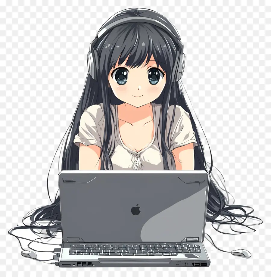 Chica Con Computadora，Chica Con Auriculares PNG