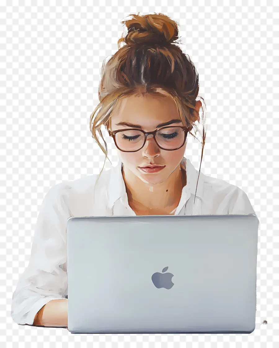 Chica Con Computadora，Mujer Con Gafas Y Portátil PNG