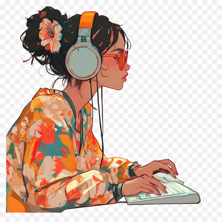 Chica Con Computadora，Chica Con Auriculares PNG