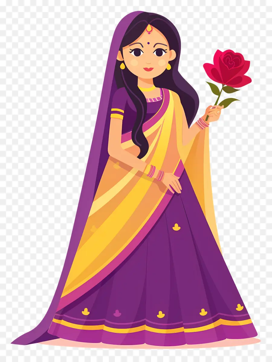 Dibujos Animados De Mujer India，Mujer Con Rosa PNG