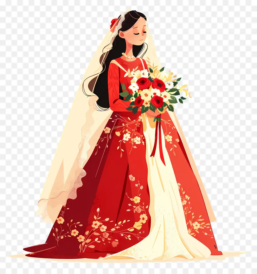 Novia De Dibujos Animados，Novia En Vestido Rojo PNG