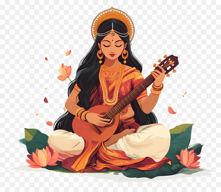 Saraswati，Mujer Tocando La Guitarra PNG