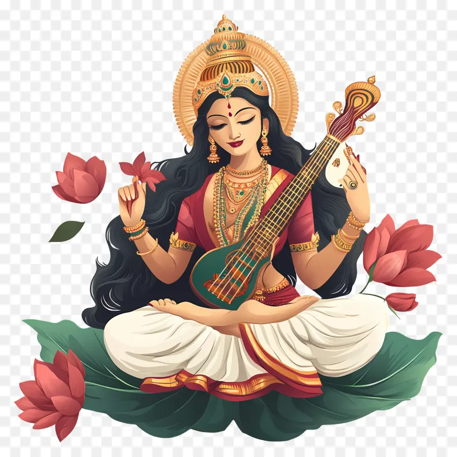 Saraswati，Diosa Con Instrumento Musical PNG