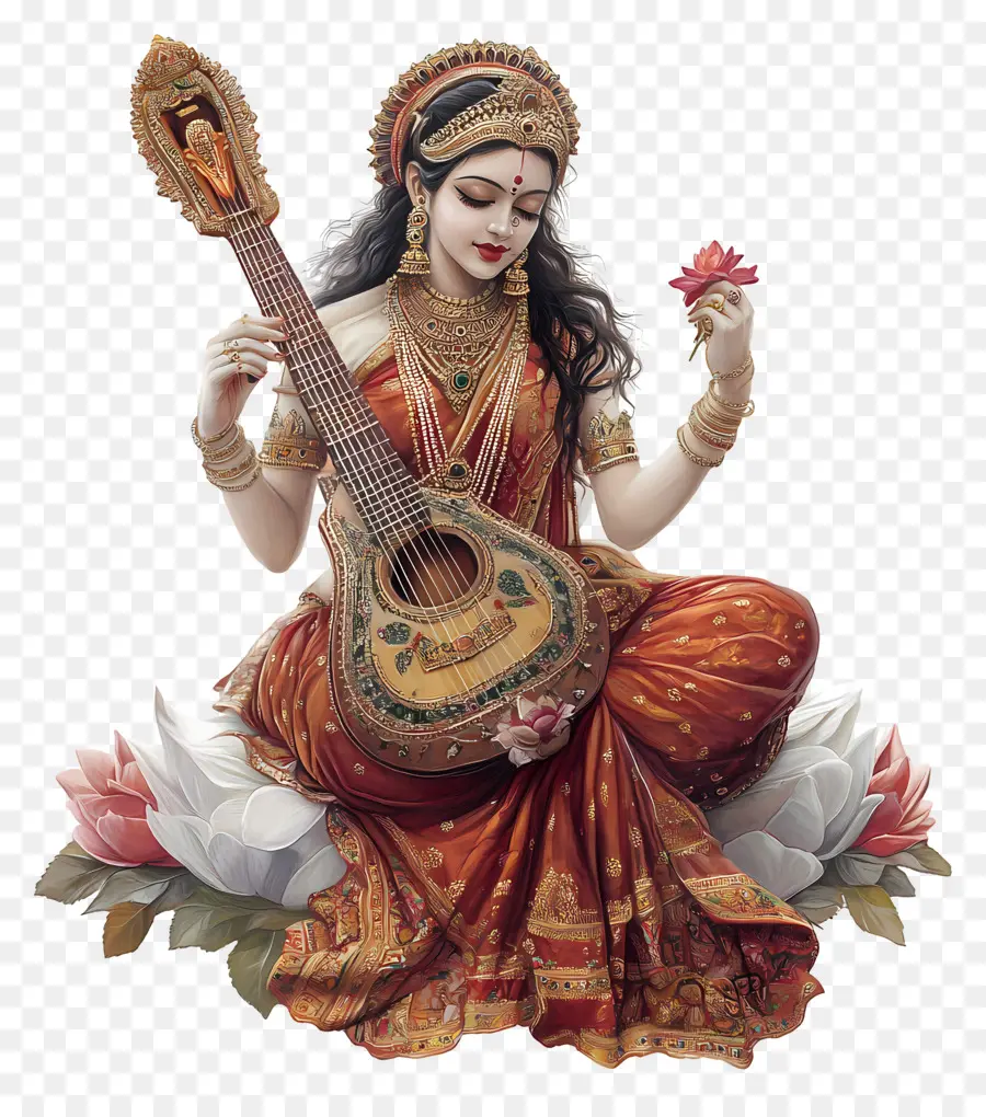 Saraswati，Diosa Con Veena PNG