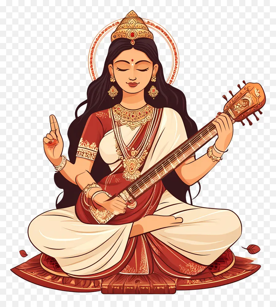 Saraswati，Diosa Con Instrumento Musical PNG