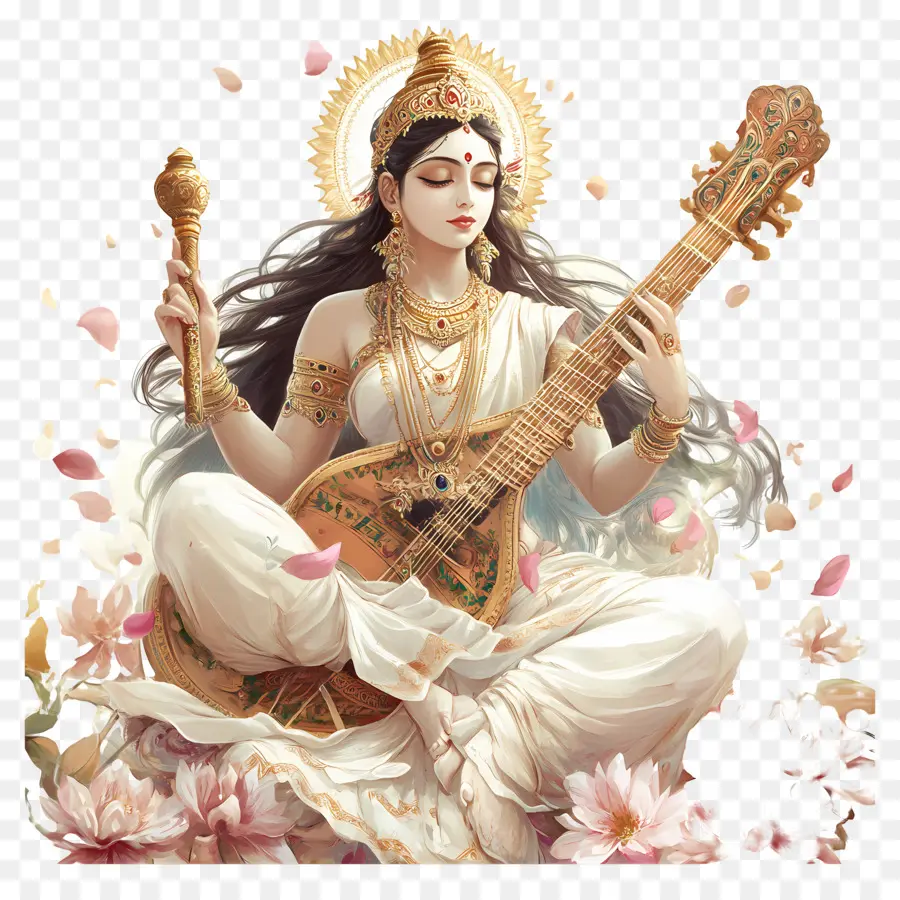 Saraswati，Diosa Con Veena PNG