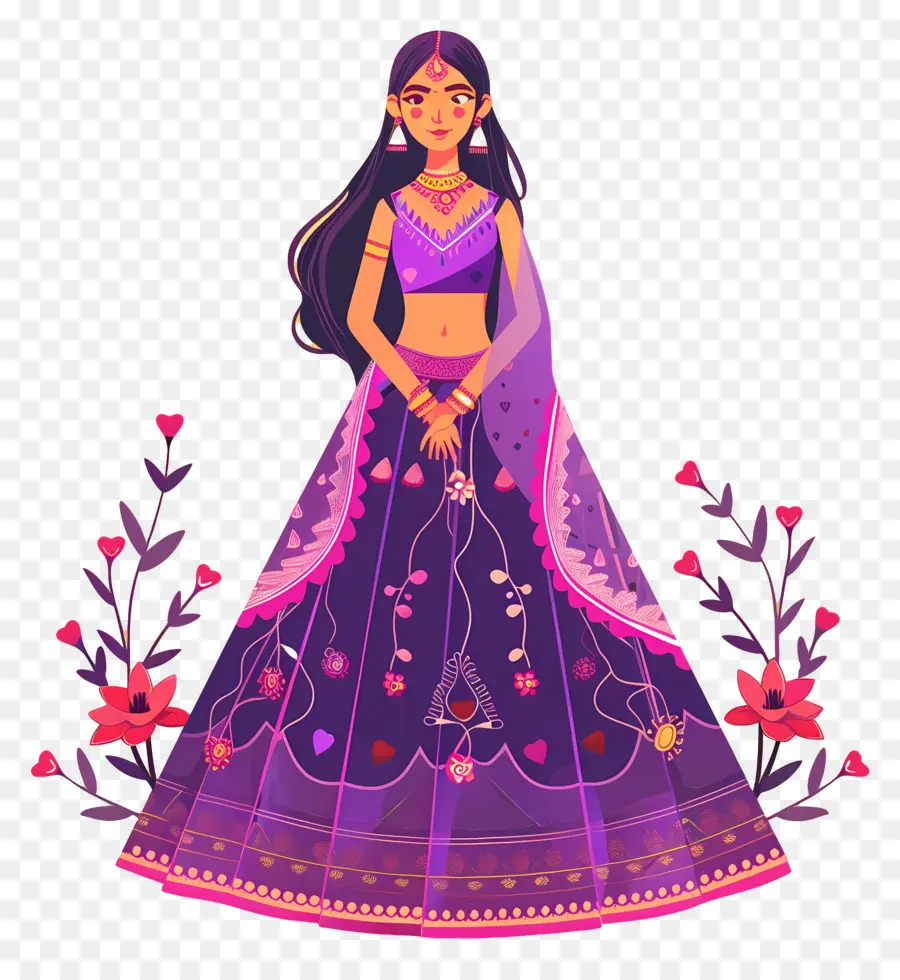 Dibujos Animados De Mujer India，Vestido Tradicional Morado PNG