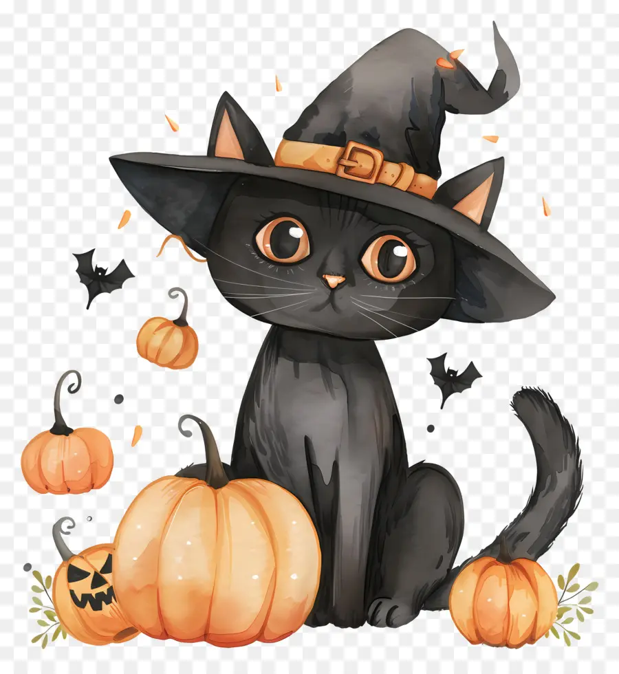 Gato De Halloween，Gato Negro Con Calabazas PNG