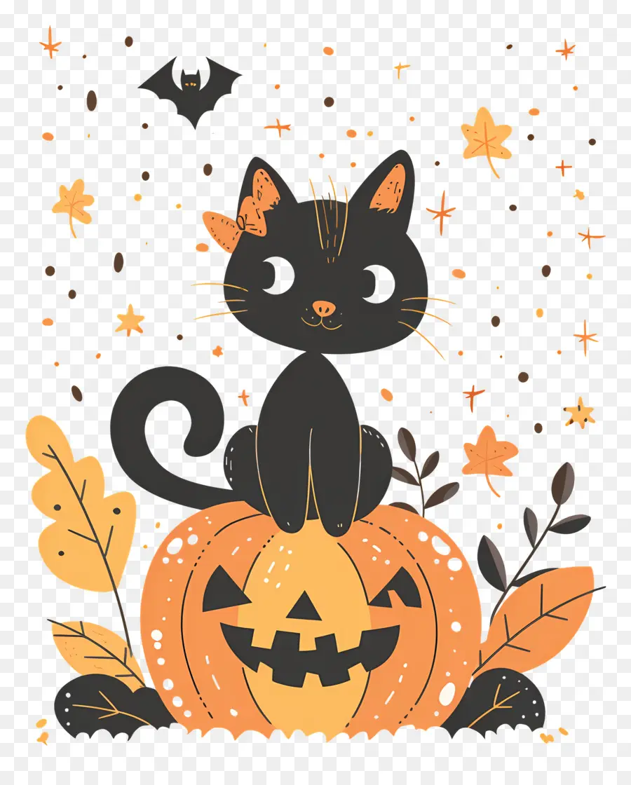 Gato De Halloween，Gato Negro Sobre Calabaza PNG