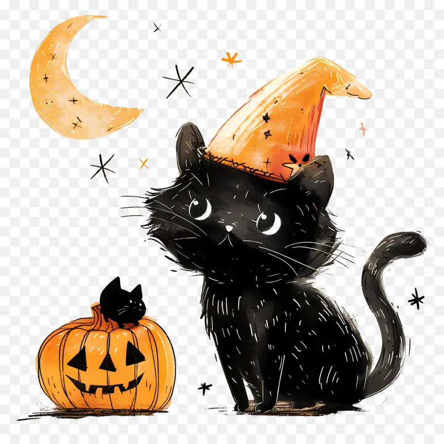 Gato De Halloween，Gato Negro Con Calabazas PNG