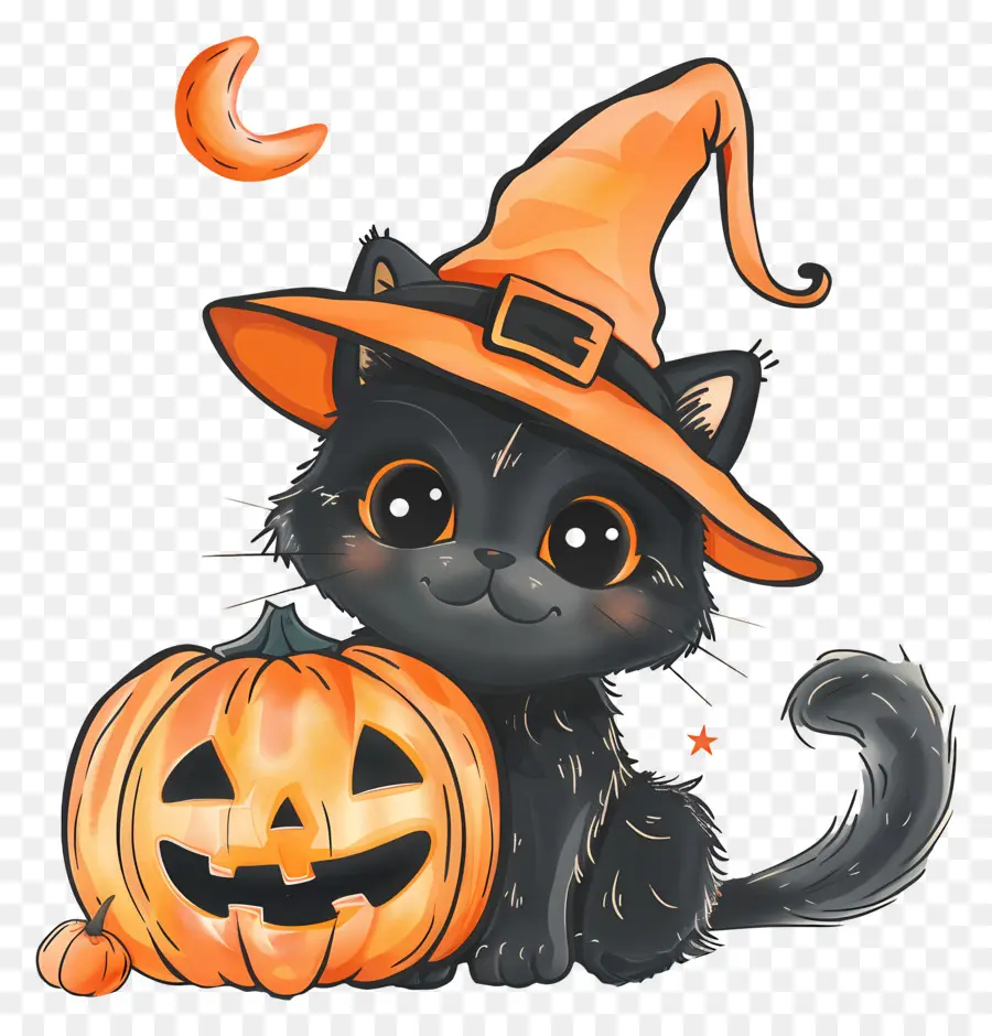 Gato De Halloween，Gato Negro Con Calabazas PNG