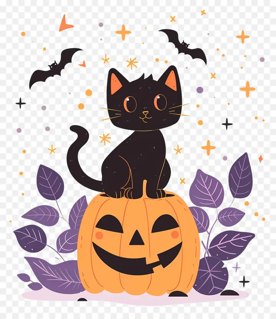 Gato De Halloween，Gato Negro Sobre Calabaza PNG