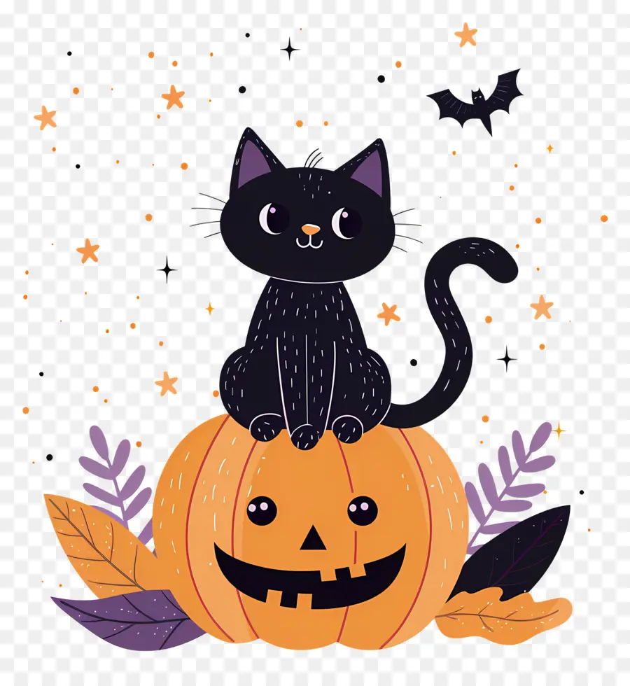 Gato De Halloween，Gato Negro Sobre Calabaza PNG