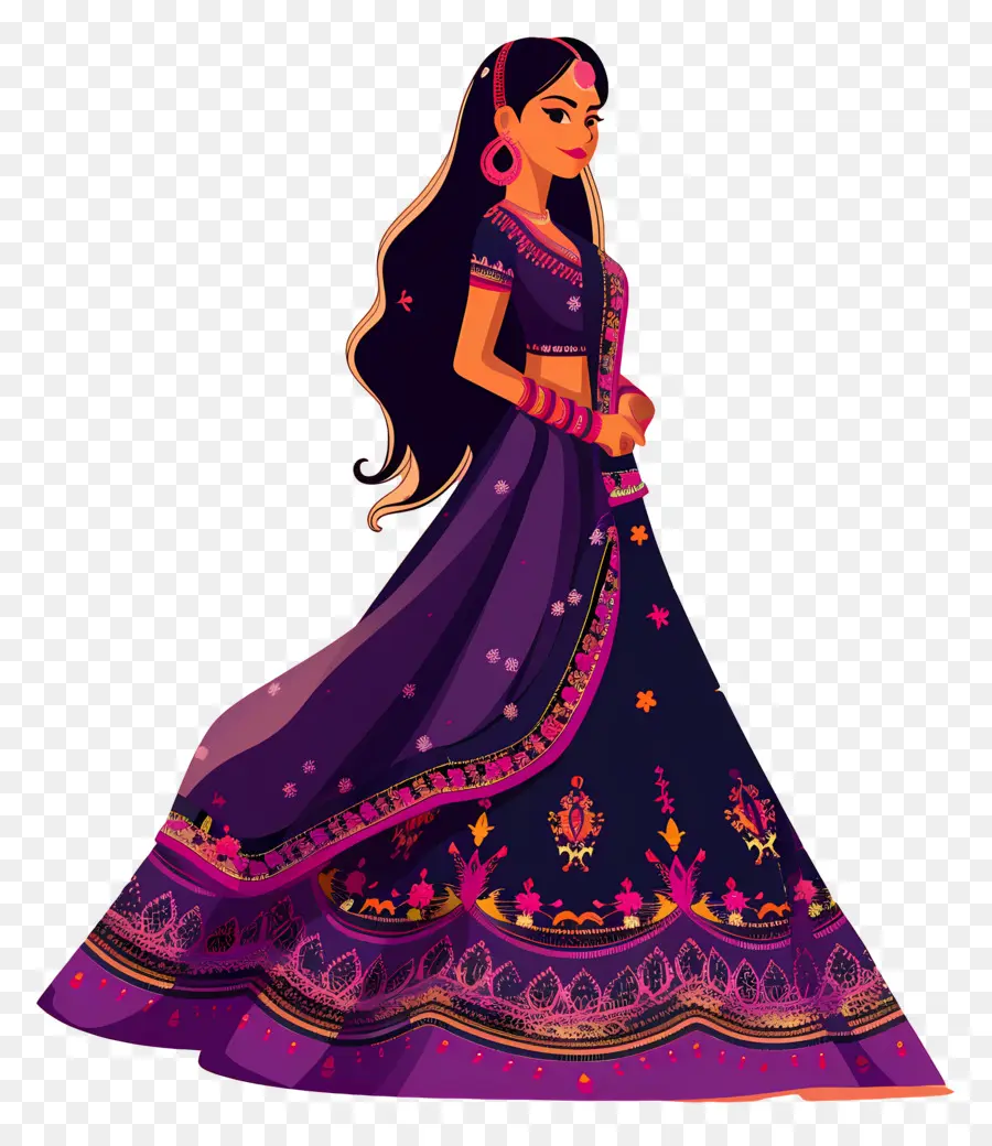 Dibujos Animados De Mujer India，Vestido Tradicional Morado PNG