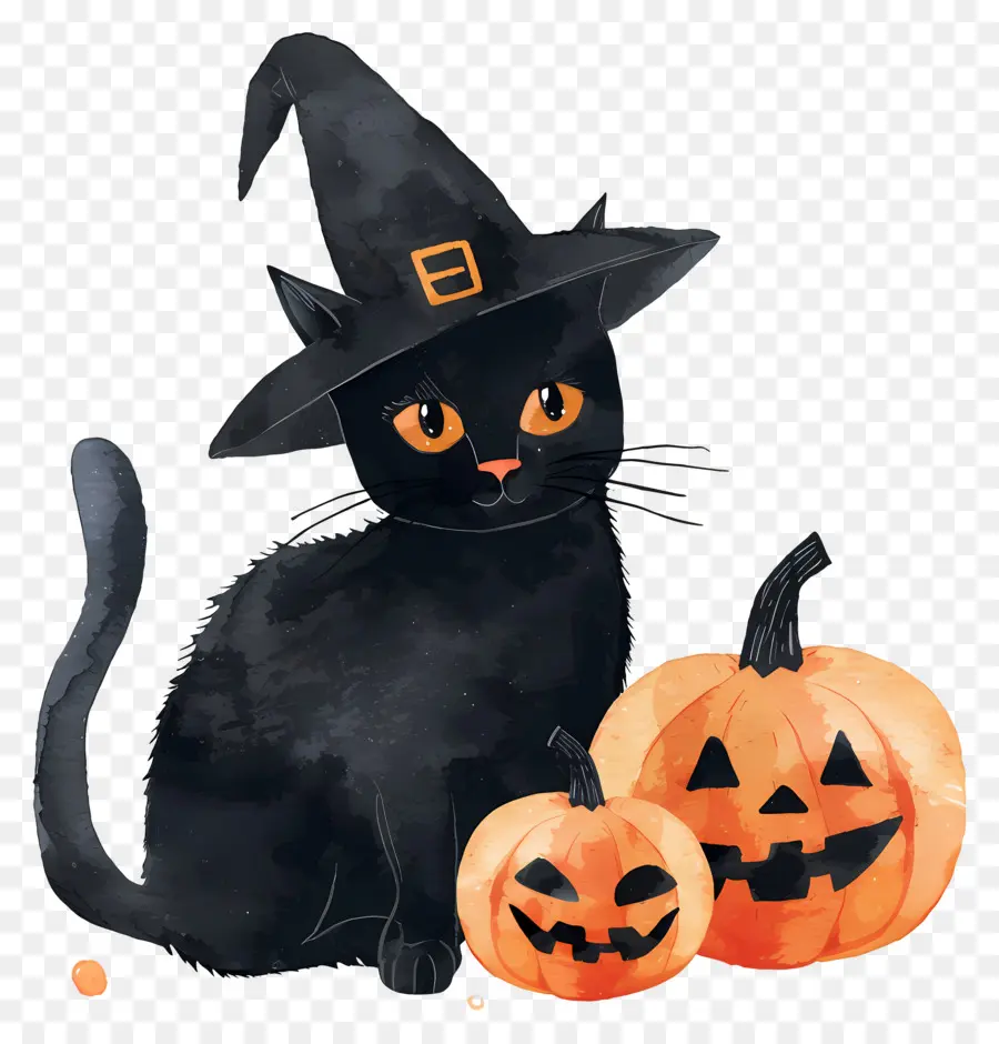 Gato De Halloween，Gato Negro Con Calabazas PNG