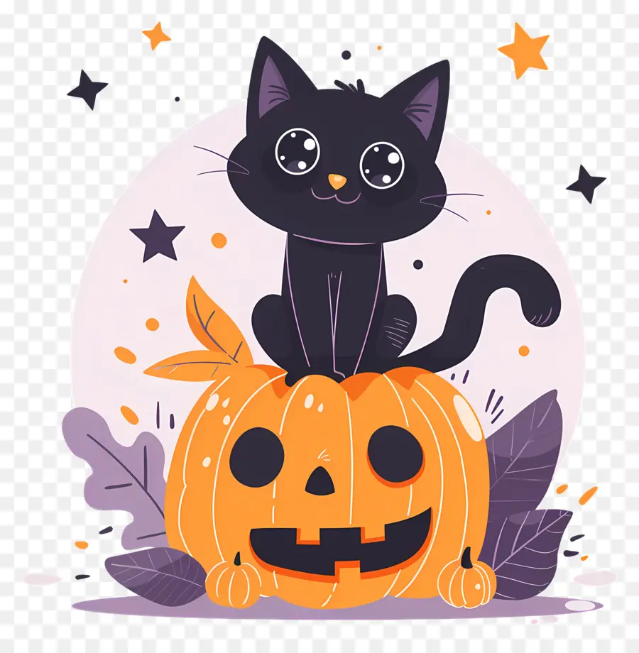 Gato De Halloween，Gato Negro Sobre Calabaza PNG