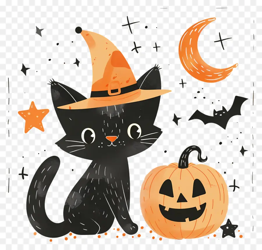 Gato De Halloween，Gato Negro Con Calabazas PNG