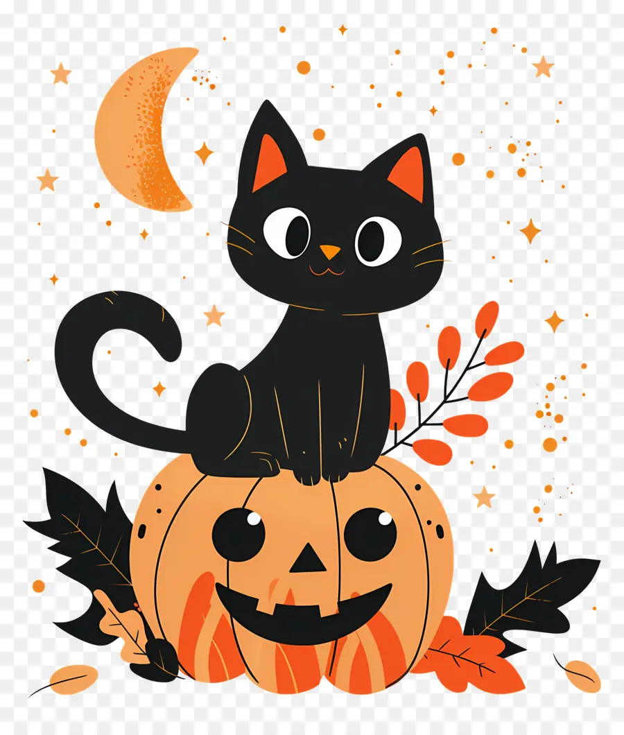 Gato De Halloween，Gato Negro Sobre Calabaza PNG