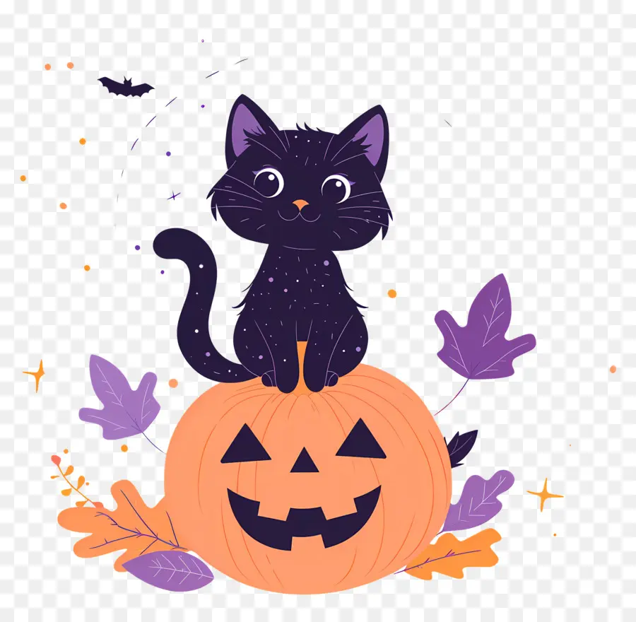 Gato De Halloween，Gato Negro Sobre Calabaza PNG