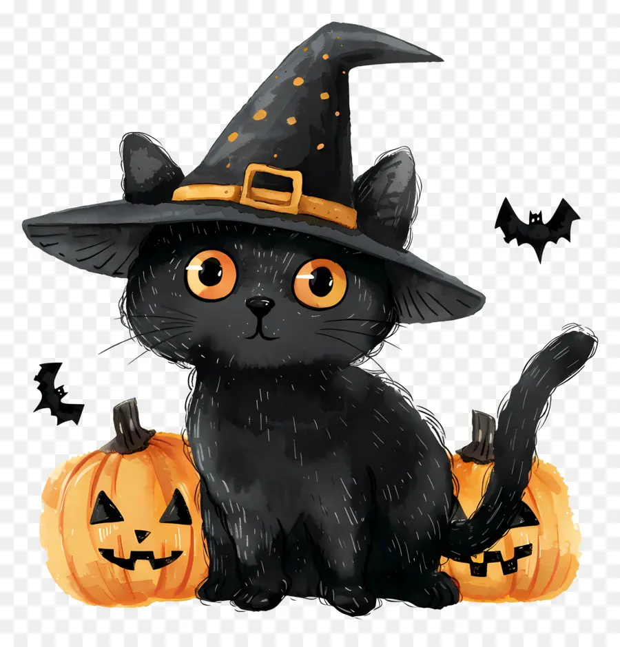 Gato De Halloween，Gato Negro Con Calabazas PNG