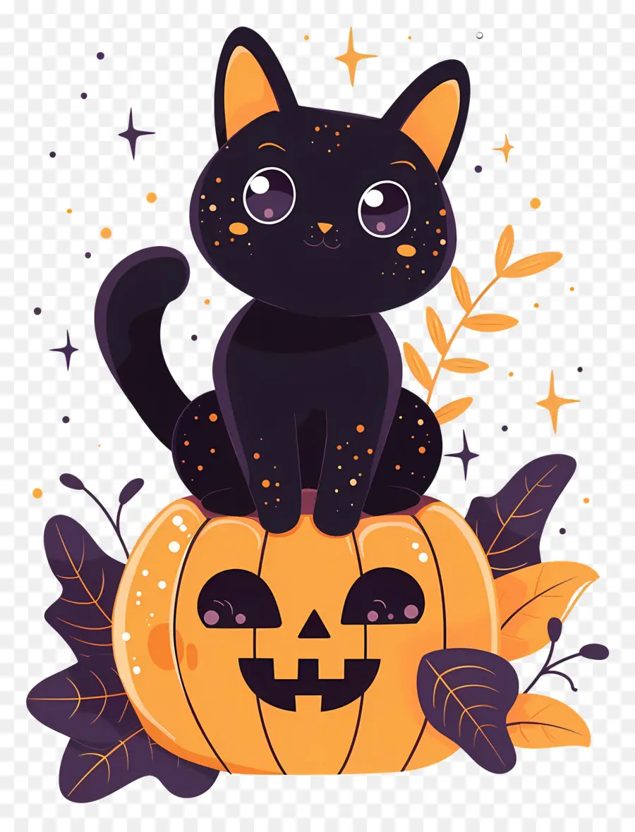 Gato De Halloween，Gato Negro Sobre Calabaza PNG